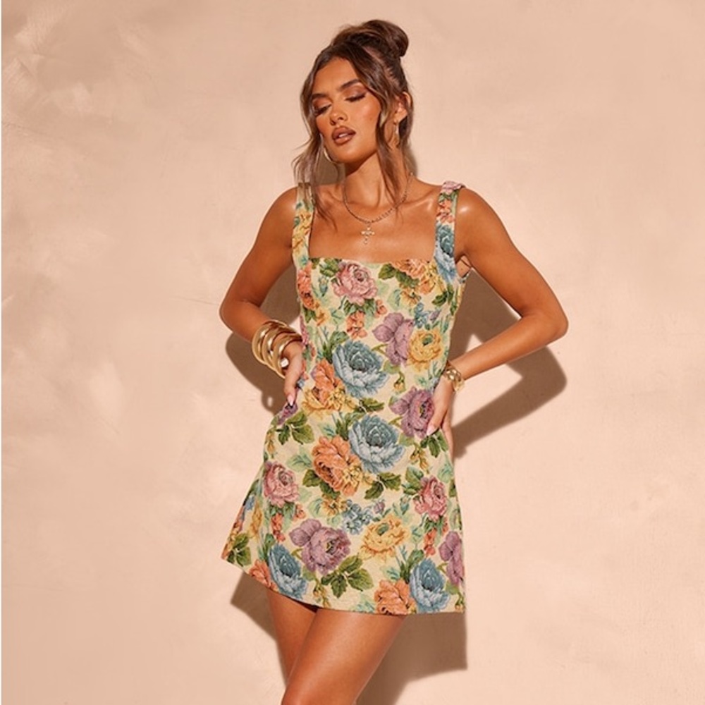 Stone Floral Twill Bodycon Curve Sleeveless Thick Strap Mini Dress Size 0XL